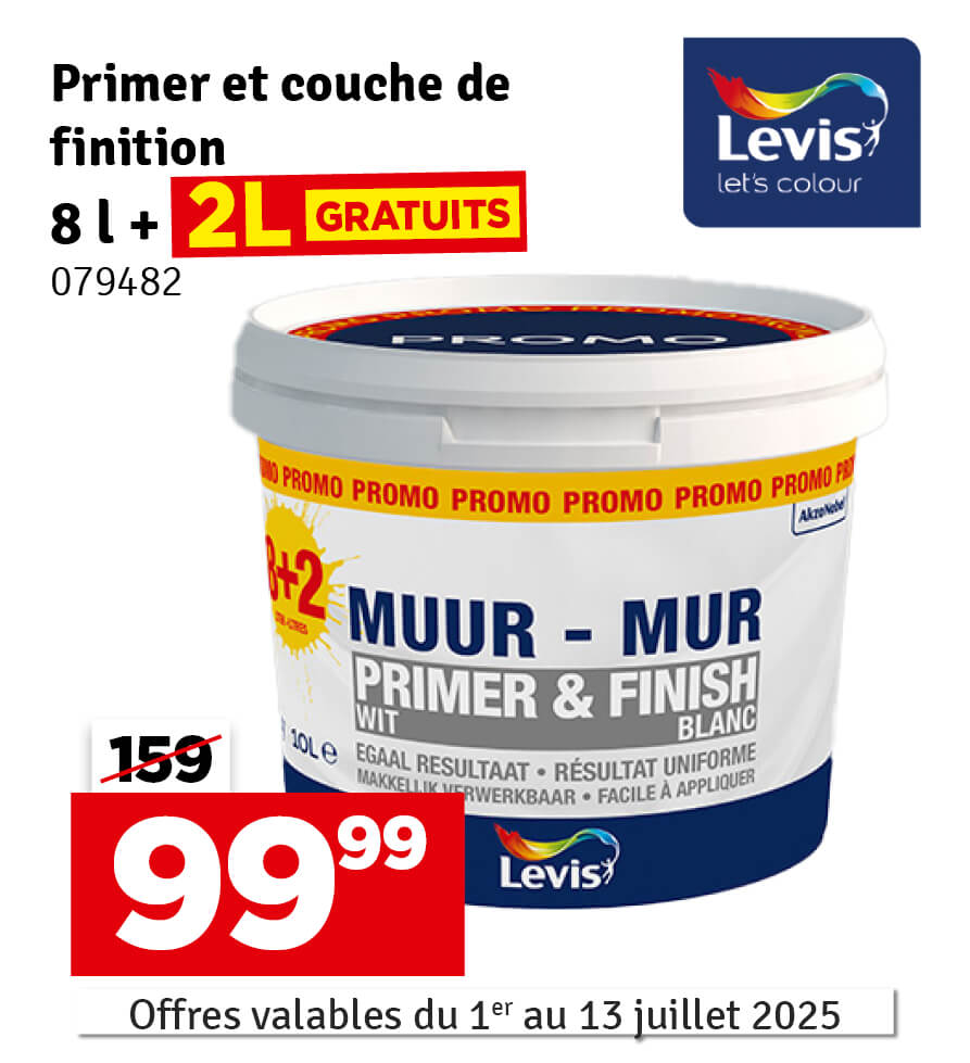 Peinture pour murs Primer & Finish blanc 8 L + 2 L gratuit LEVIS